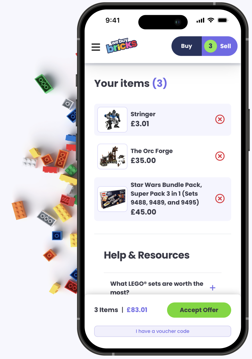 Phone displaying an example selling basket worth £83.01